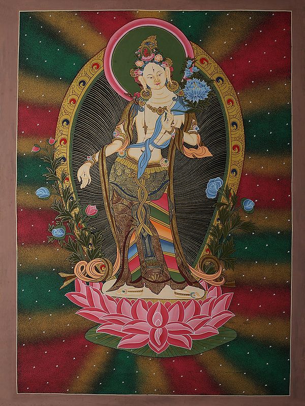Tibetan Standing Goddess White Tara (Brocadeless Thangka)