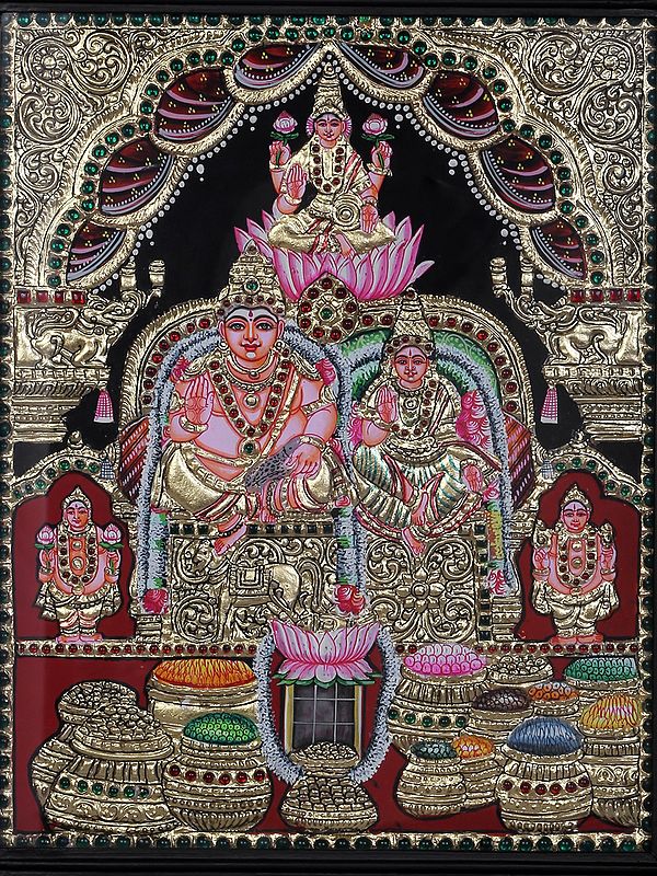 15'' Kuber With Lakshmi & Saraswati Tanjore Painting | Traditional Colors With 24K Gold | Teakwood Frame