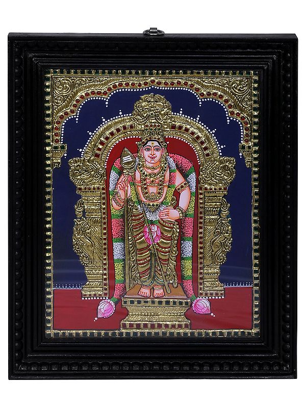 Standing Lord Karttikeya (Murugan) Tanjore Painting | Traditional Colors With 24K Gold | Teakwood Frame | Handmade