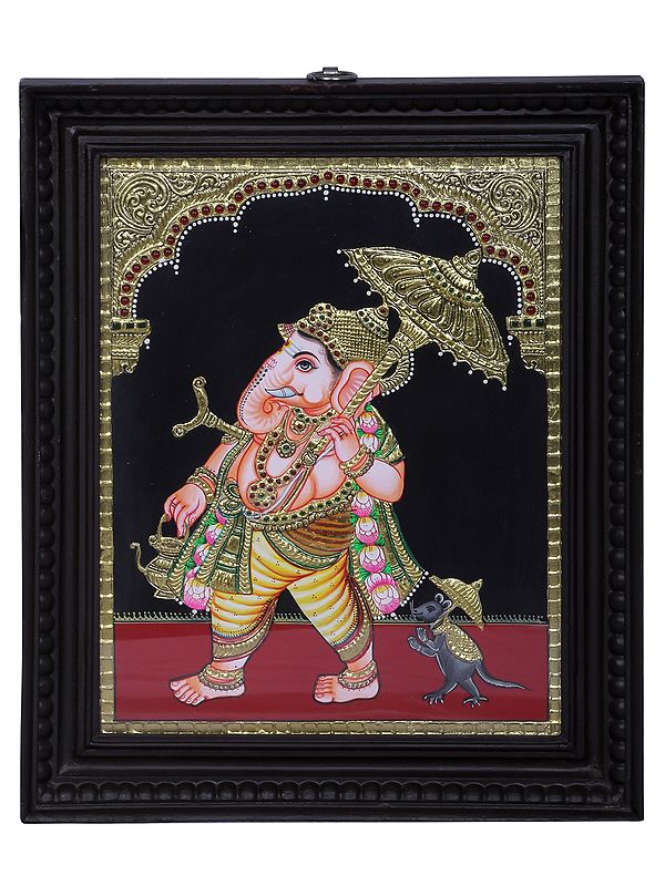 Lord Ganesha with Umbrella | Traditional Colors With 24K Gold | Teakwood Frame | Gold & Wood | Handmade