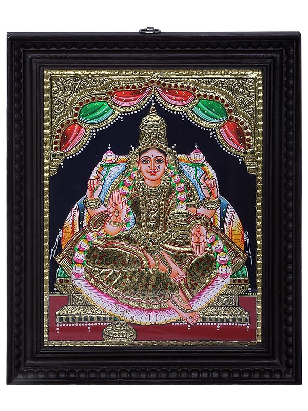 Goddess Dhan Lakshmi Tanjore Painting | Traditional Colors With 24K Gold | Teakwood Frame | Handmade
