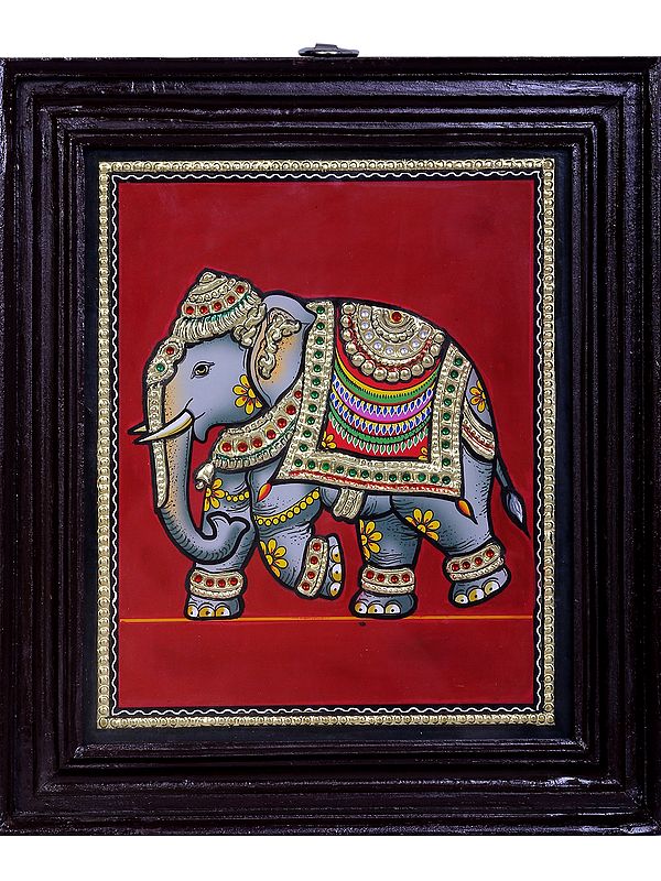 Elephant Tanjore Painting | Traditional Colors With 24K Gold | Teakwood Frame | Handmade
