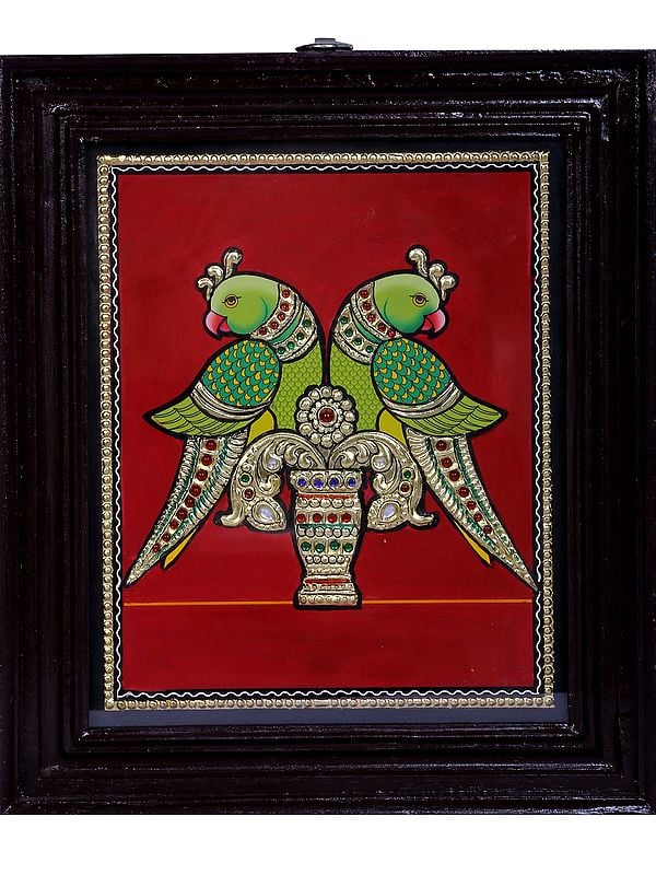 Pair of Parrot Tanjore Painting | Traditional Colors With 24K Gold | Teakwood Frame | Handmade