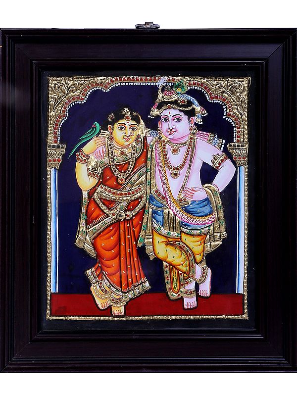 Standing Radha Krishna Tanjore Painting | Traditional Colors With 24K Gold | Teakwood Frame | Handmade
