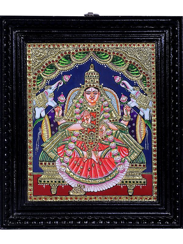 Goddess Gajalakshmi Tanjore Painting | Traditional Colors With 24K Gold | Teakwood Frame | Handmade