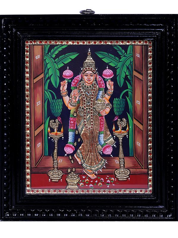 Standing Goddess Lakshmi| Traditional Colors With 24K Gold | Teakwood Frame | Handmade