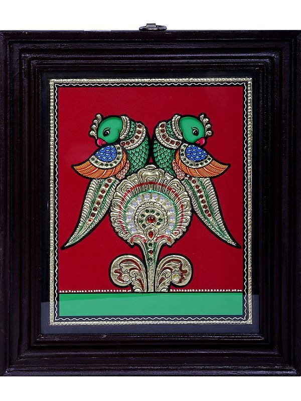 Pair Of Parrot Tanjore Painting | Traditional Colors With 24K Gold | Teakwood Frame | Handmade