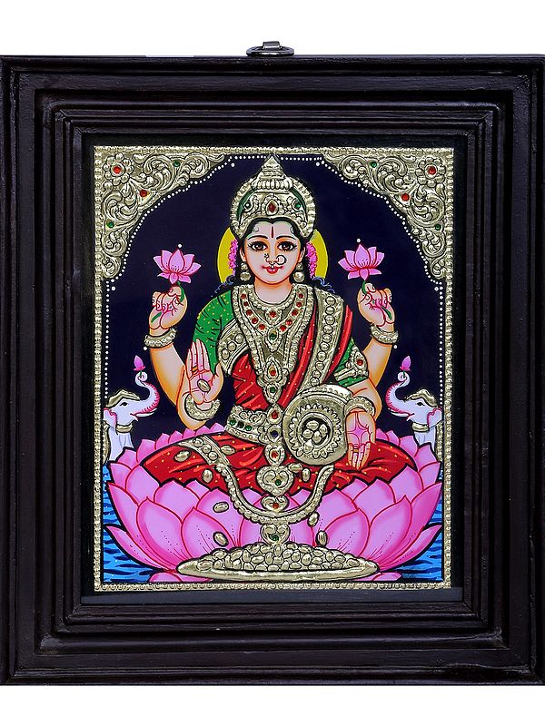 Goddess Gajalakshmi | Traditional Colors With 24K Gold | Teakwood Frame | Handmade
