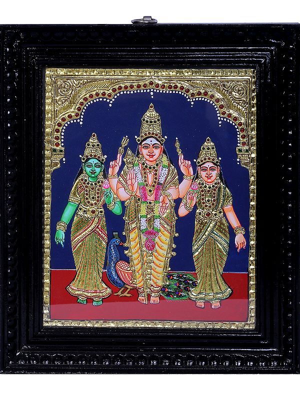 Lord Murugan with Valli & Theivanai | Traditional Colors With 24K Gold | Teakwood Frame | Handmade