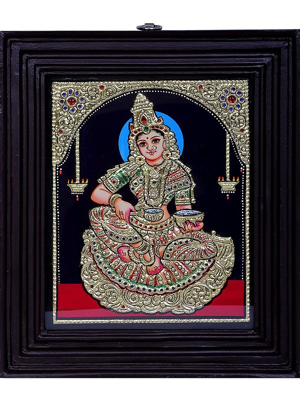Goddess Annapurna | Traditional Colors With 24K Gold | Teakwood Frame | Handmade