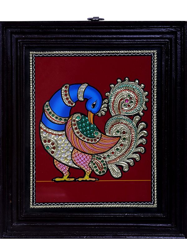 Peacock Tanjore Painting | Traditional Colors With 24K Gold | Teakwood Frame | Handmade