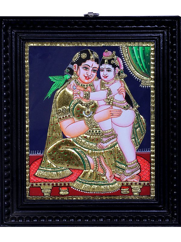 Bal Krishna with Maa Yashoda | Traditional Colors With 24K Gold | Teakwood Frame | Handmade