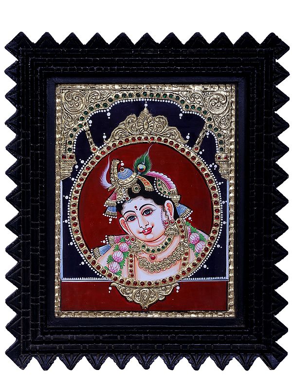 Lord Krishna Face | Traditional Colors With 24K Gold | Teakwood Frame | Handmade