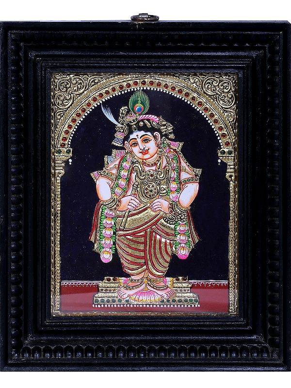 Standing Navaneeta Lord Krishna Tanjore Painting | Traditional Colors With 24K Gold | Teakwood Frame | Handmade