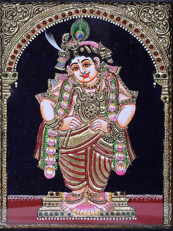 Standing Navaneeta Lord Krishna Tanjore Painting Traditional Colors