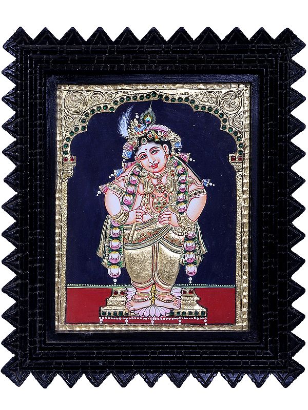 Standing Navaneeta Lord Krishna | Traditional Colors With 24K Gold | Teakwood Frame | Gold & Wood | Handmade