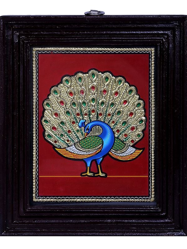 Peacock Tanjore Painting | Traditional Colors With 24K Gold | Teakwood Frame | Gold & Wood | Handmade