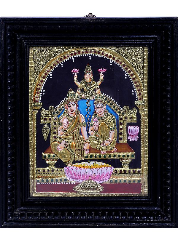 Lord Kubera and Bhadra with Goddess Lakshmi | Traditional Colors With 24K Gold | Tanjore Painting with Teakwood Frame | Handmade