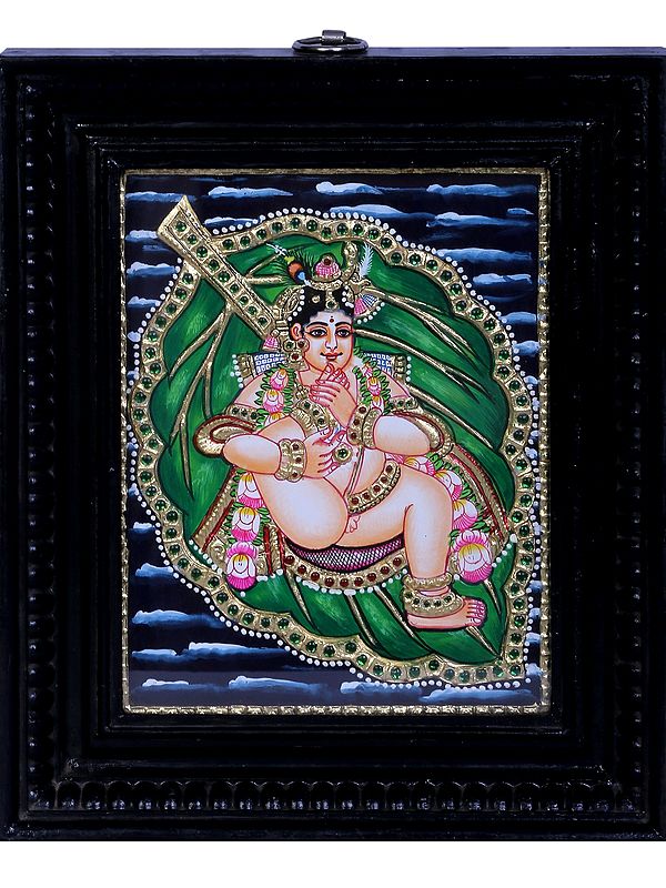 Vatapatra-Shayi Krishna Tanjore Painting | Traditional Colors With 24K Gold | Teakwood Frame | Handmade