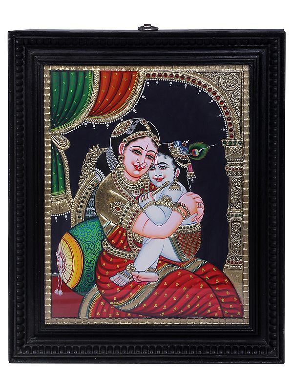 Bal Krishna with Maa Yashoda | Tanjore Painting with Teakwood Frame | Traditional Colors with 24K Gold | Handmade