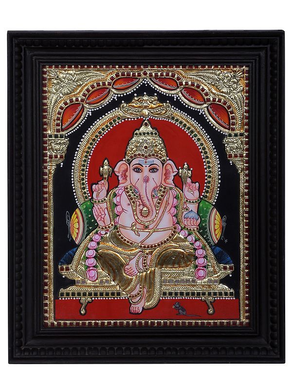 Seated Lord Ganesha | Traditional Colors With 24K Gold | Teakwood Frame | Gold & Wood | Handmade