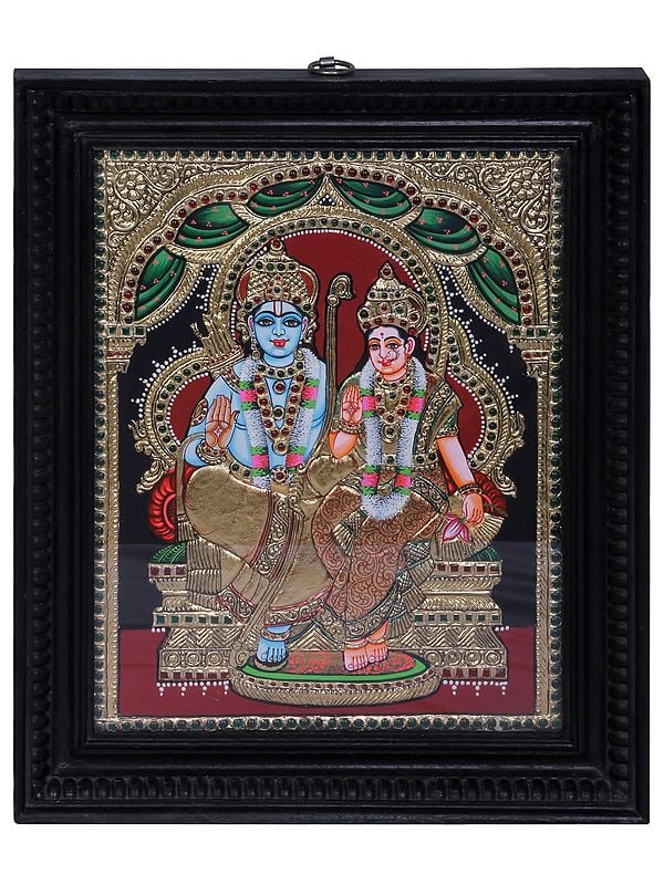 Shri Rama with Devi Sita | Tanjore Painting with Teakwood Frame | Traditional Colors With 24K Gold | Handmade