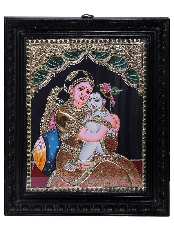 Baby Krishna with Maa Yashoda | Traditional Colors With 24K Gold | Teakwood Frame | Gold & Wood | Handmade
