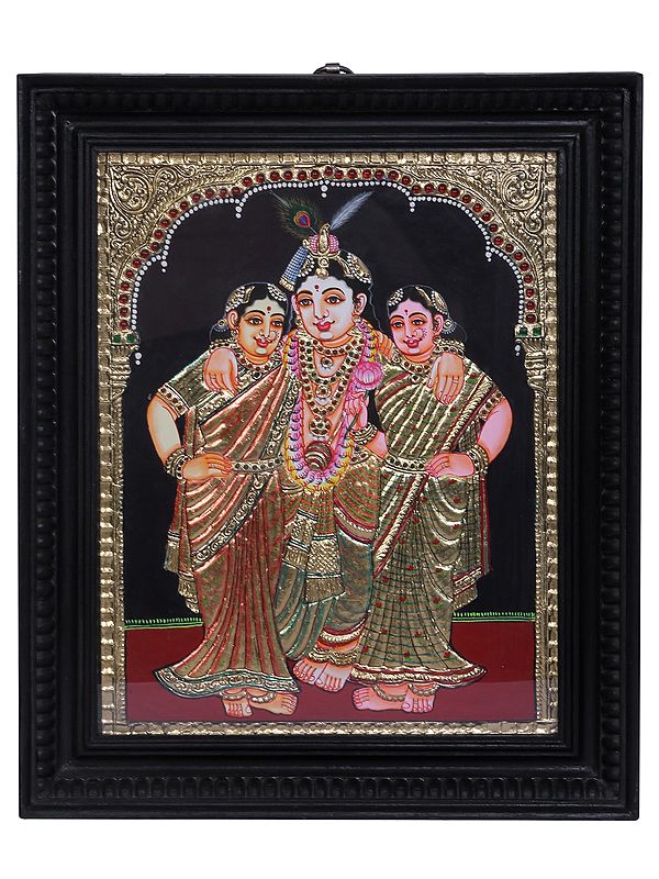 Lord Krishna with Satyabhama and Rukmani | Tanjore Painting with Teakwood Frame | Traditional Colors with 24K Gold