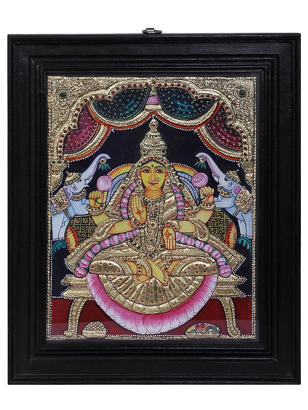Goddess Gajalakshmi Tanjore Painting | Traditional Colors With 24K Gold | Teakwood Frame
