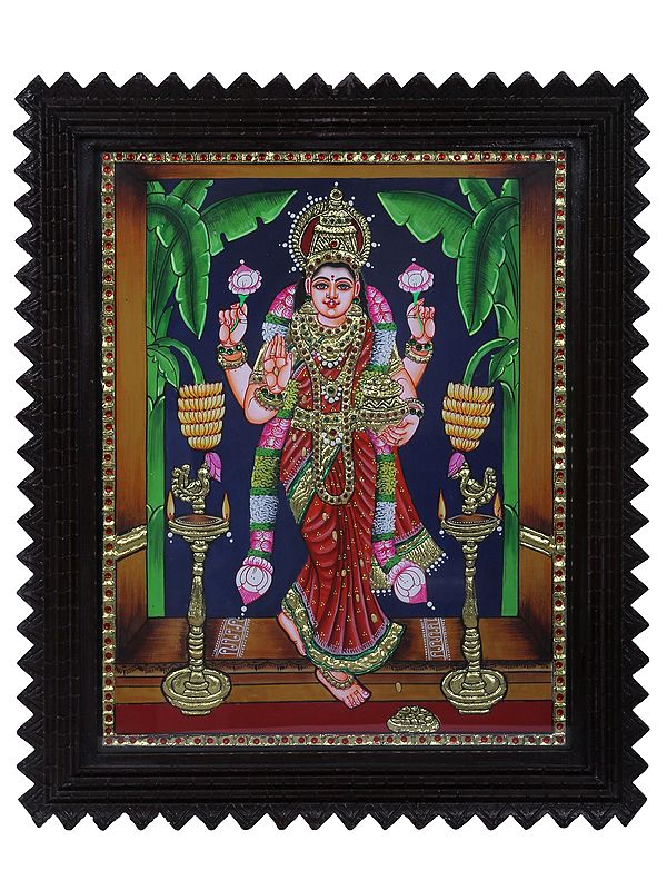 Standing Goddess Lakshmi Tanjore Painting with Teakwood Frame | Traditional Colors with 24K Gold | Handmade