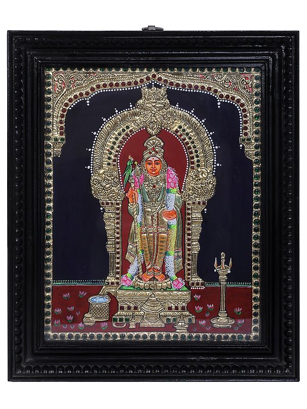 Standing Lord Karttikeya (Murugan) Tanjore Painting | Traditional Colors With 24K Gold | Teakwood Frame