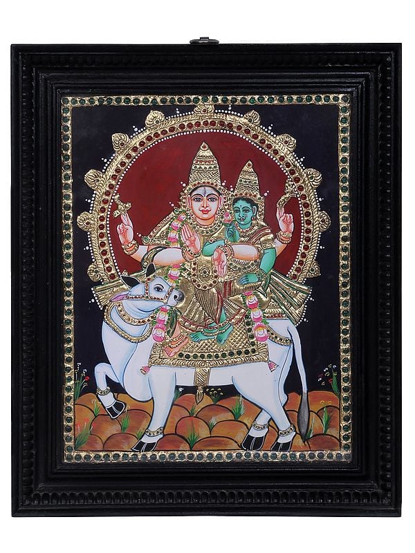 Lord Shiva with Goddess Parvati Seated on Nandi | Traditional Colors With 24K Gold | Teakwood Frame | Gold & Wood | Handmade