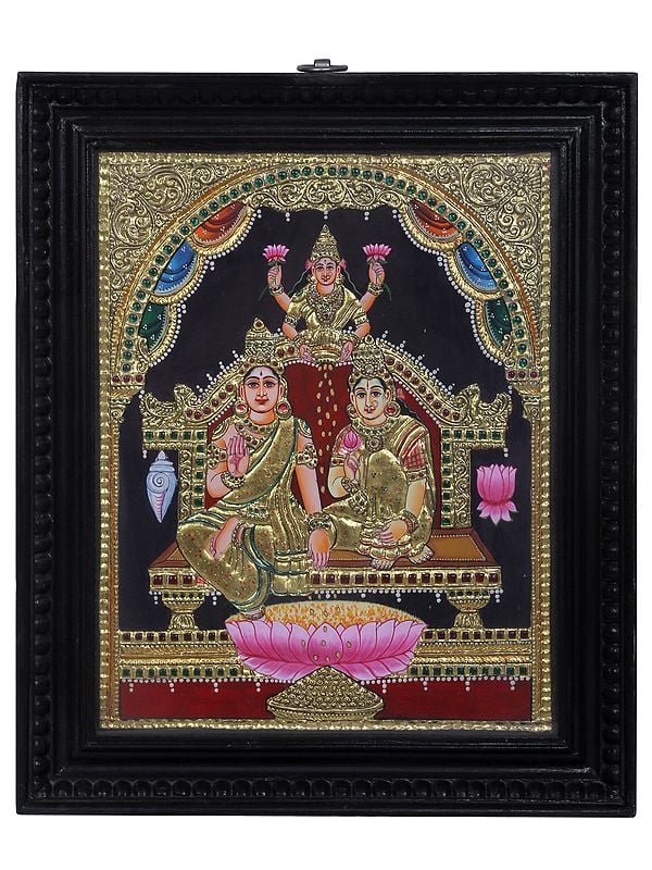 Lord Kubera and Bhadra with Goddess Lakshmi | Traditional Colors With 24K Gold | Teakwood Frame | Handmade