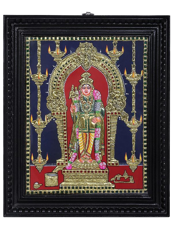 Standing Lord Karttikeya (Murugan) Tanjore Painting with Teakwood Frame | Traditional Colors With 24K Gold | Handmade