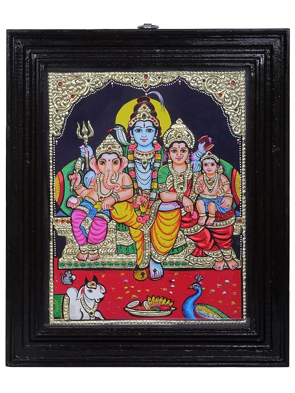 Lord Shiva Parivar | Traditional Colors With 24K Gold | Teakwood Frame | Gold & Wood | Handmade