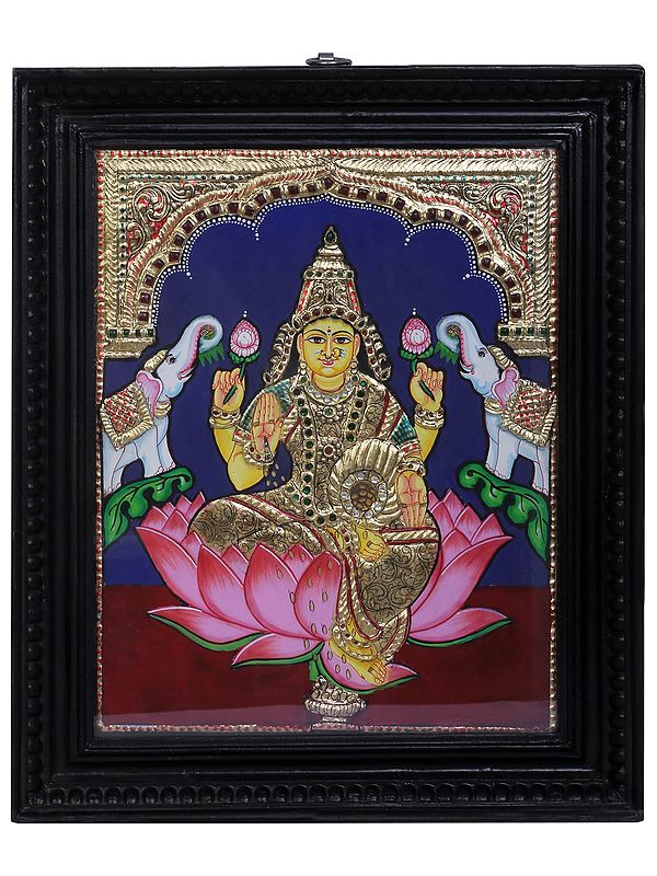 Goddess Gajalakshmi Tanjore Painting with Teakwood Frame | Traditional Colors With 24K Gold | Handmade