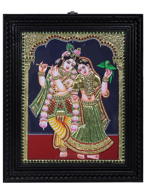 Radha Krishna | Traditional Colors With 24K Gold | Teakwood Frame | Gold & Wood | Handmade
