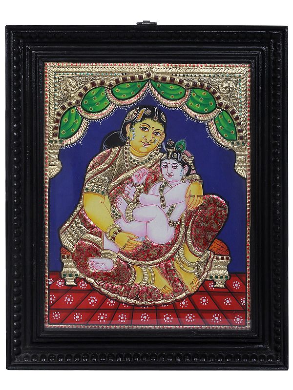 Baby Krishna with Maa Yashoda | Tanjore Painting with Teakwood Frame | Traditional Colors With 24K Gold | Handmade