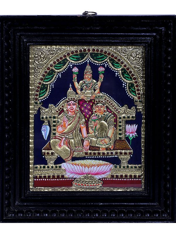 Lakshmi & Lord Kubera Tanjore Painting | Traditional Colors With 24K Gold | Teakwood Frame