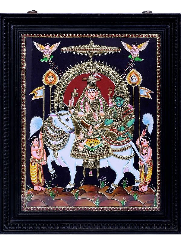 Lord Shiva & Parvati Seated on Nandi Tanjore Painting | Traditional Colors With 24K Gold | Teakwood Frame