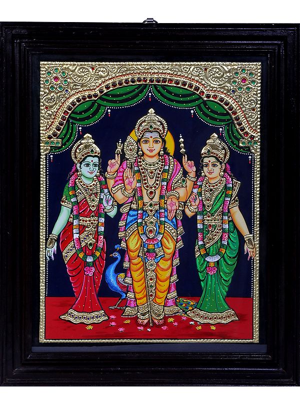 Lord Kartikeya With His Wives -  Valli & Devasena Tanjore Painting | Traditional Colors With 24K Gold | Teakwood Frame