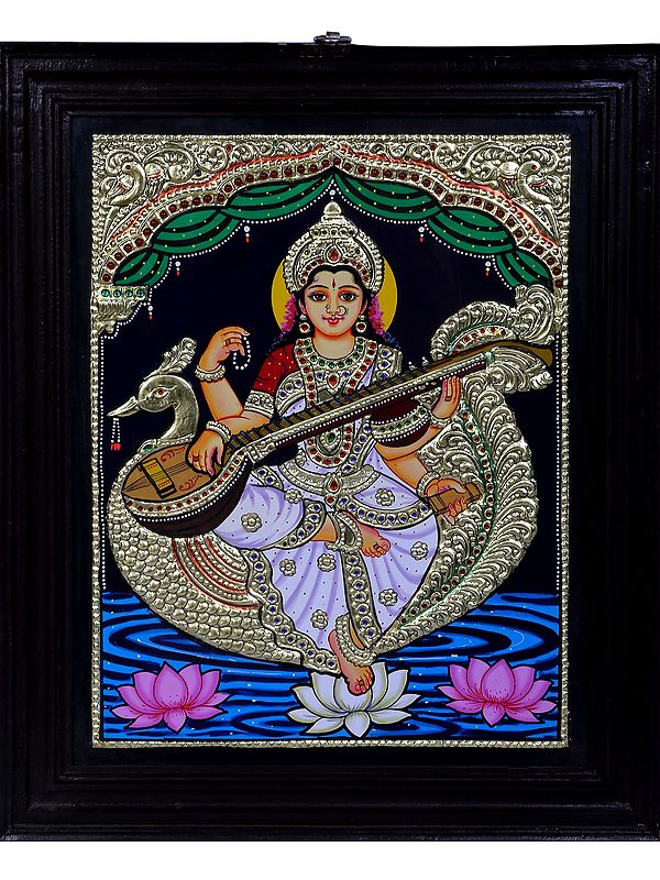 Goddess Saraswati Seated on Swan Tanjore Painting | Traditional Colors With 24K Gold | Teakwood Frame