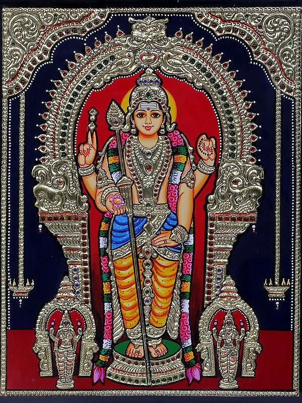 Standing Lord Kartikeya Tanjore Painting | Traditional Colors With 24K ...