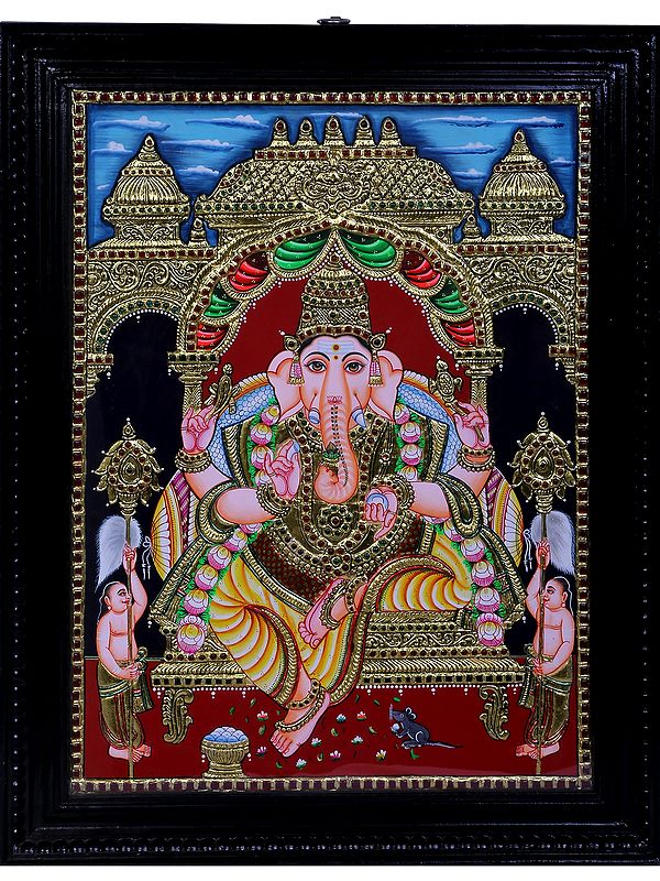 Ganesha Seated on Throne Tanjore Painting | Traditional Colors With 24K Gold | Teakwood Frame