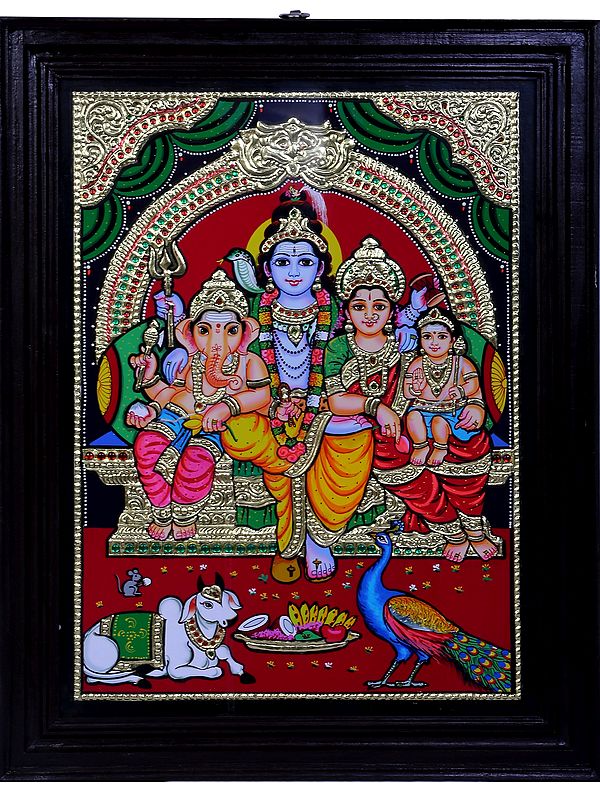 Shiv Family Seated on Throne Tanjore Painting | Traditional Colors With 24K Gold | Teakwood Frame