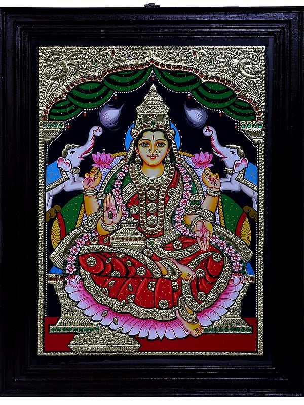 Goddess Gajalakshmi Tanjore Painting | Traditional Colors With 24K Gold | Teakwood Frame