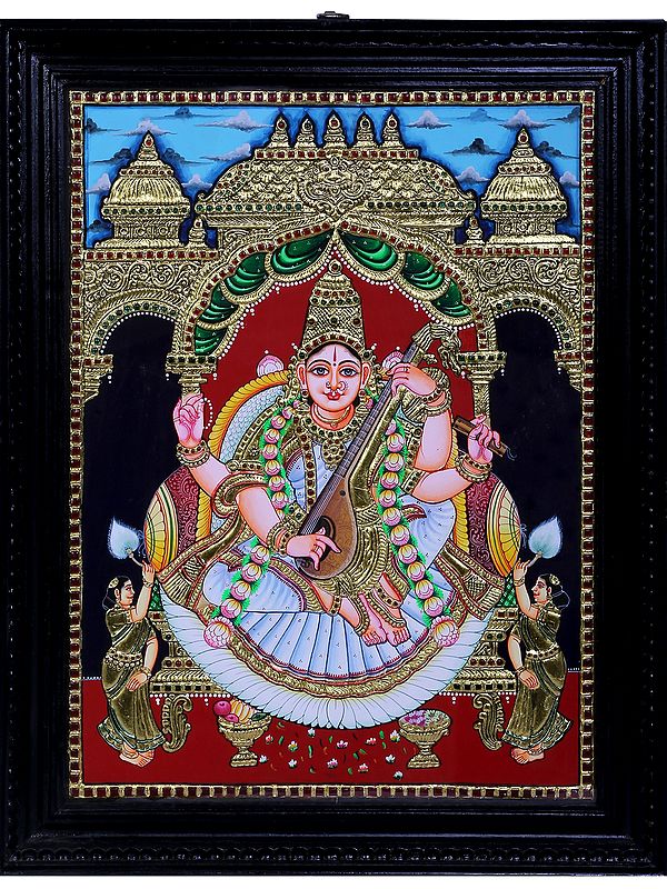 Goddess Saraswati Playing Veena Tanjore Painting | Traditional Colors With 24K Gold | Teakwood Frame