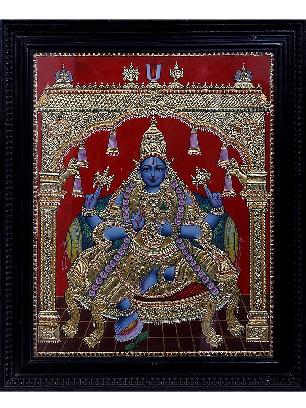 Lord Vishnu Seated on Throne Tanjore Painting | Traditional Colors With 24K Gold | Teakwood Frame