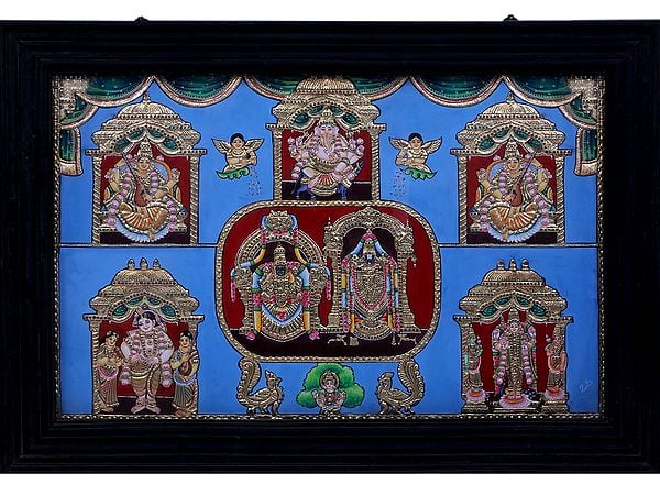 Balaji Padamavathi with 5 Gods Tanjore Painting | Traditional Colors With 24K Gold | Teakwood Frame