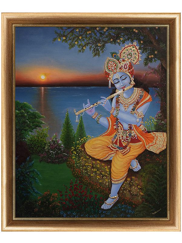 "Murli Manohara"- The Beauty of Krishna Playing His Flute| Gold & Wood | Oil Color on Canvas